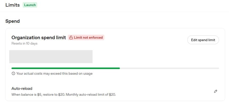 OpenAI Limits 화면: Organization spend limit 과 Edit spend limit 버튼